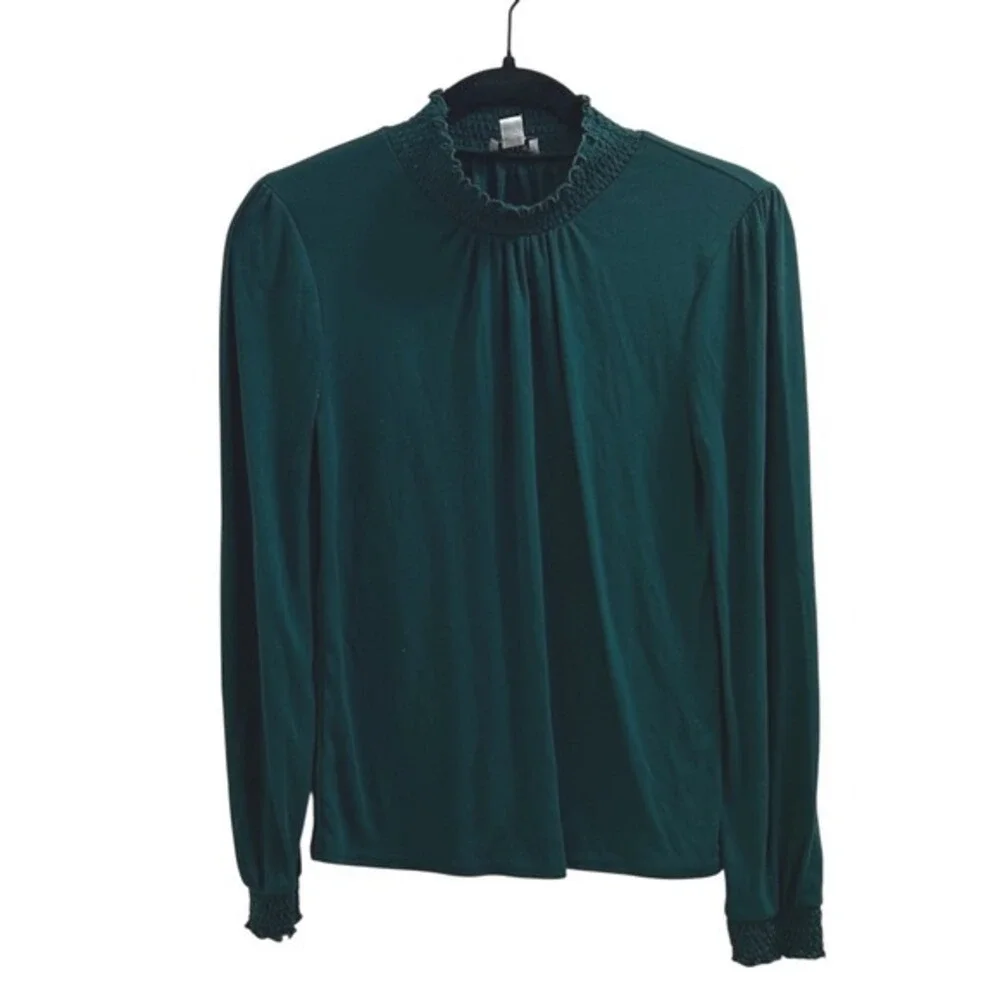J.Crew Smocked High Neck Top XXS Green Long Sleeve Jersey Knit Victorian Blouse